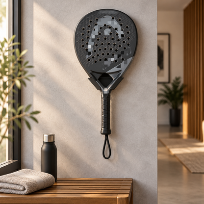 Soporte de pared con pala de pádel en un espacio deportivo